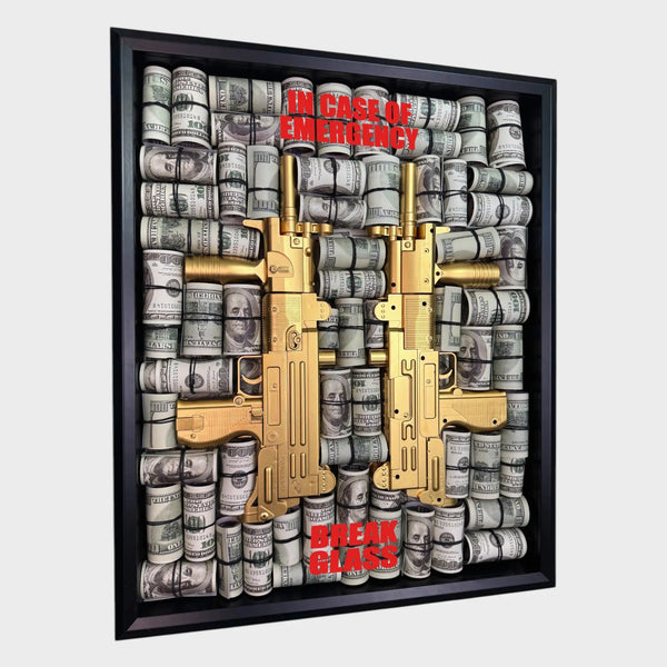 Gold Uzi Wall Art – Emergency Frame with Cash Rolls - Derich Gallery