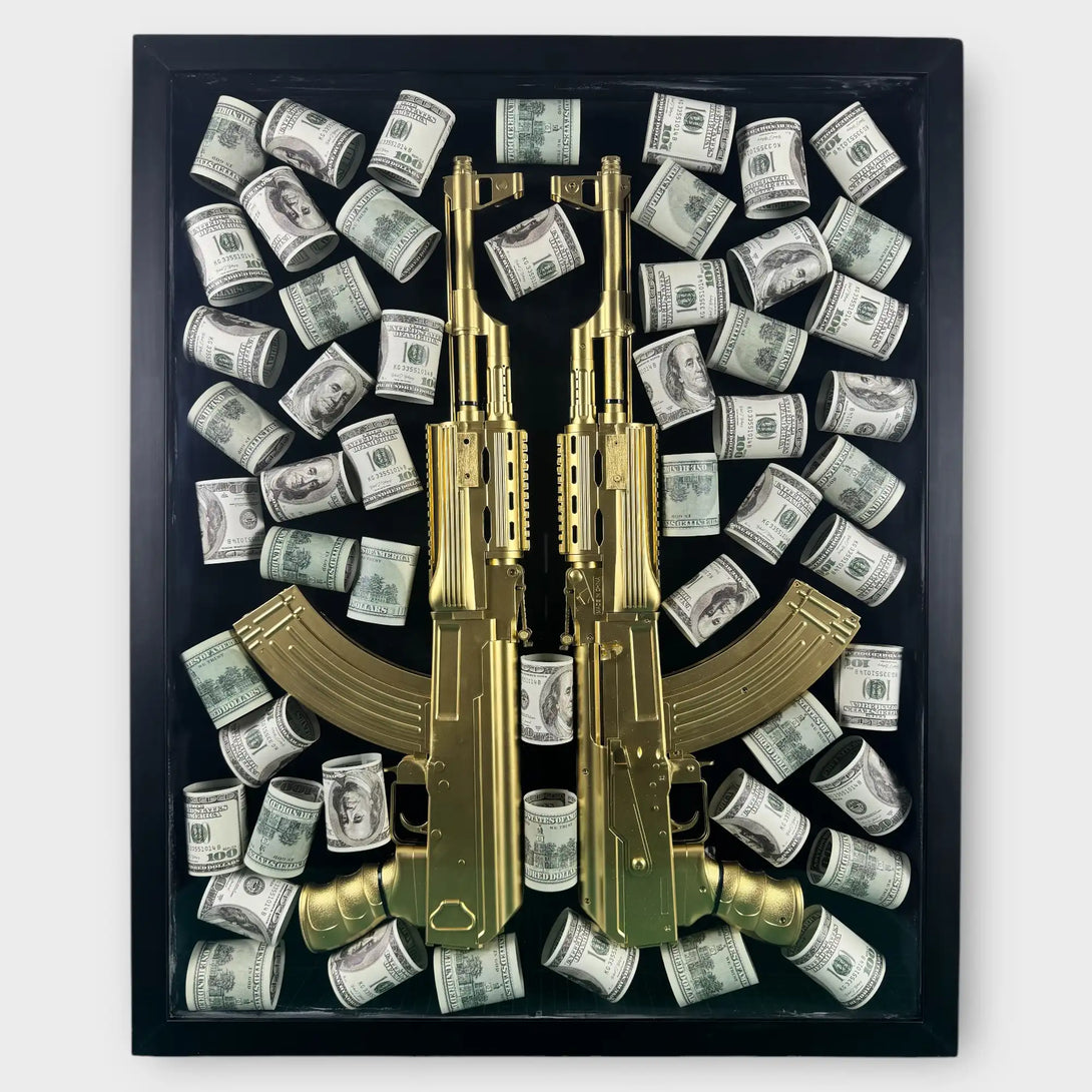Golden AK-47 Shadow Box – Cash & Crime Wall Art - Derich Gallery