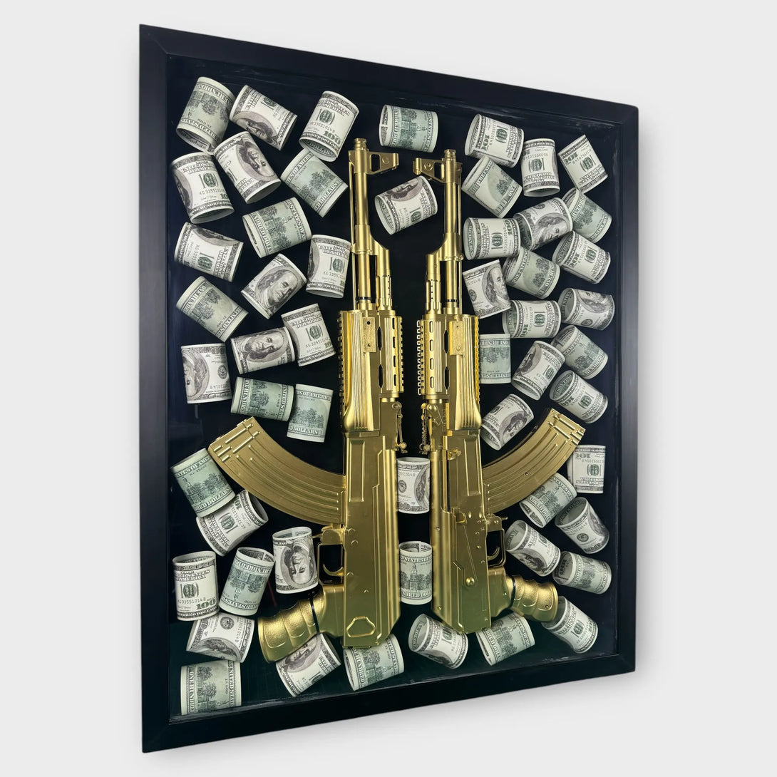 Golden AK-47 Shadow Box – Cash & Crime Wall Art - Derich Gallery