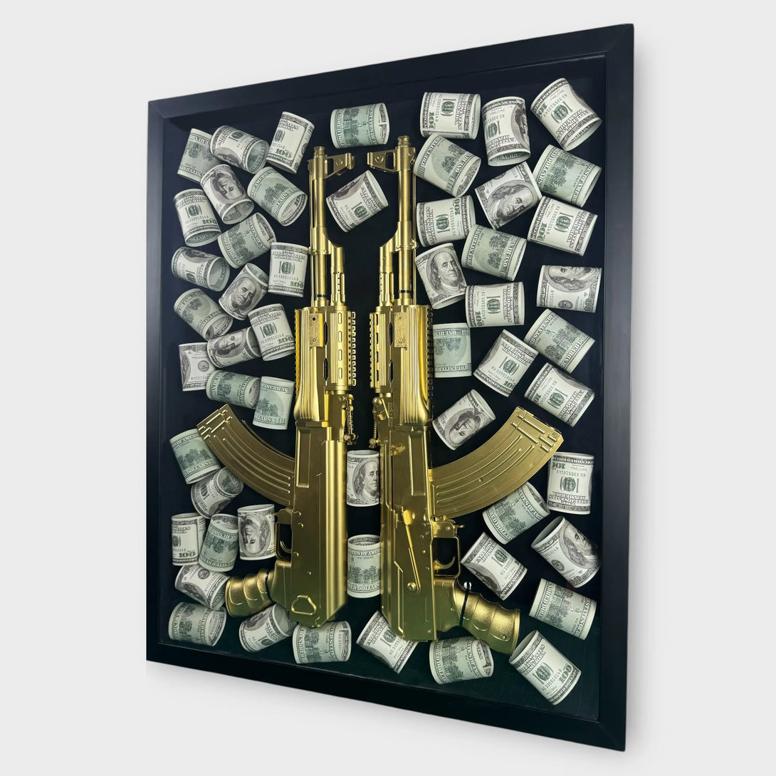 Golden AK-47 Shadow Box – Cash & Crime Wall Art - Derich Gallery