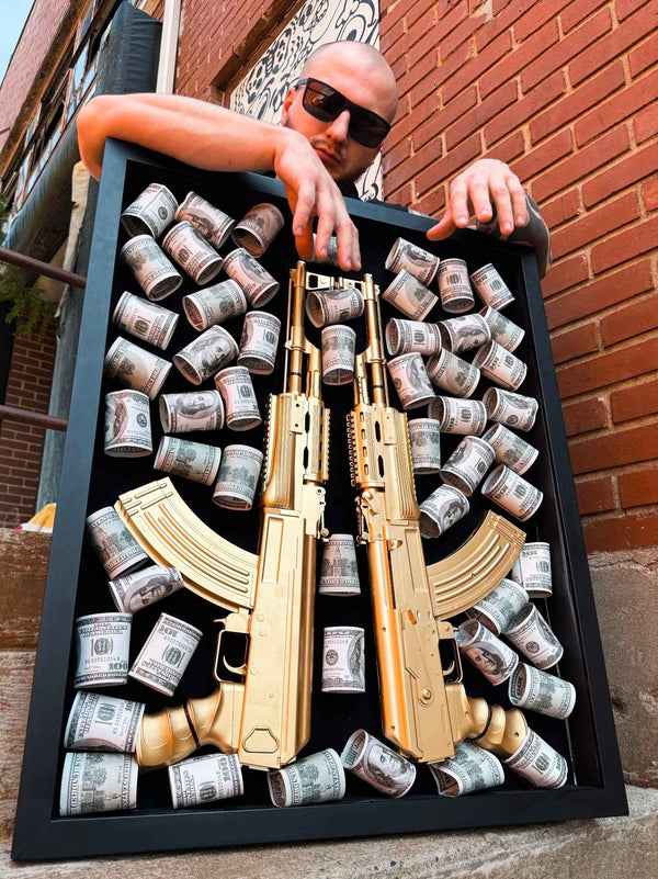 Golden AK-47 Shadow Box – Cash & Crime Wall Art - Derich Gallery